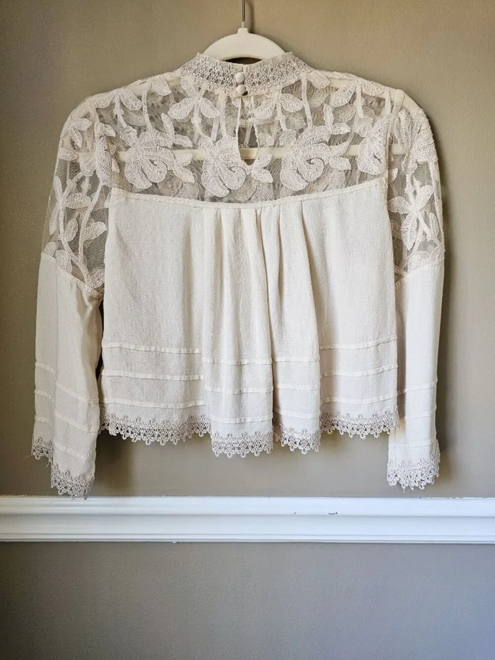 Free People Ivory Lace High Neck Boho Blouse XS Sheer Embroidered Top
